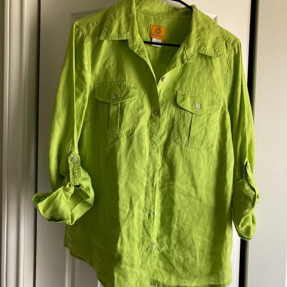 Ruby Rd. Tops - Women's Lime Green Long Sleeve Blouse 100% linen